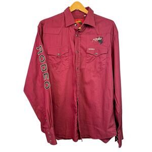 Rodeo Long Sleeve Pearl Snap Shirt Size XL Western Cowboy Maroon Red